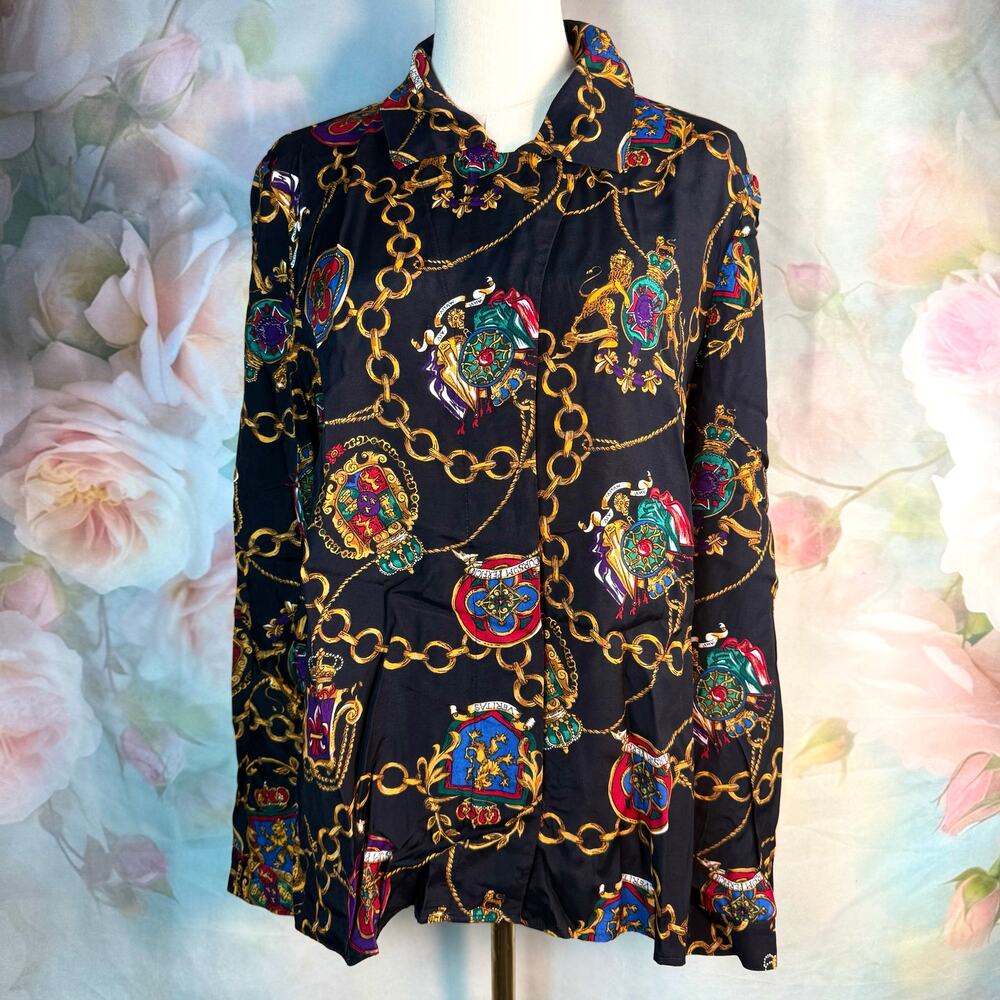 Vintage 90s Norton Mcnaughton Royal Crests & Gold Chains Button Up Shirt
